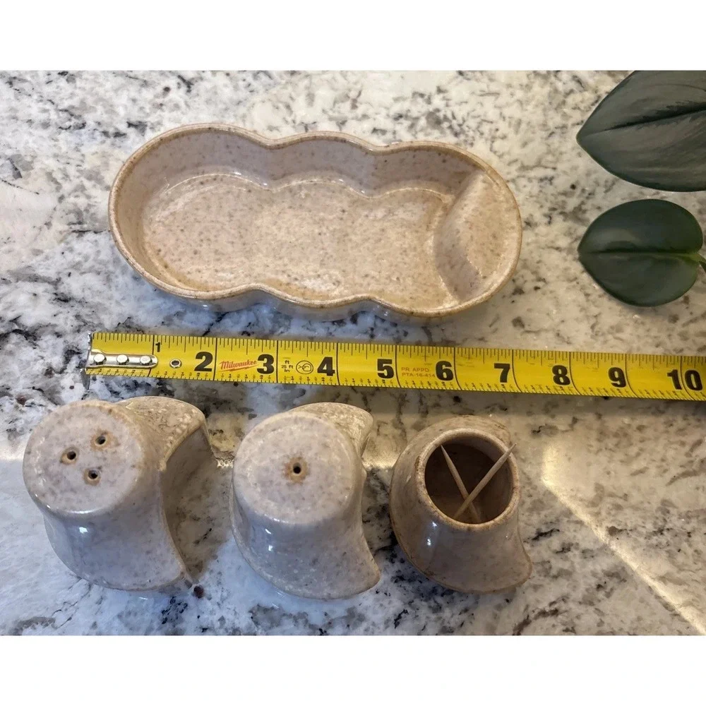 Vintage Israel Salt and Pepper Nurit Pottery Abstract MCM Toothpick Holder Caddy